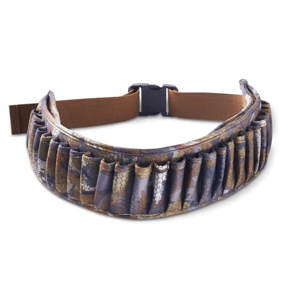Camo-patterned ammo belt with brown and tan hues and multiple shell loops, suitable for firearms.