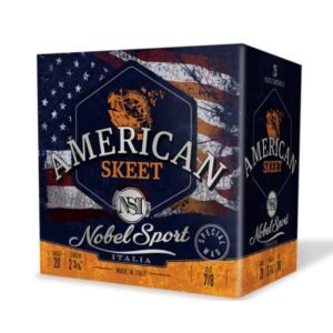 Blue and orange box of american skeet ammo by nobel sport italia, featuring an american flag design.