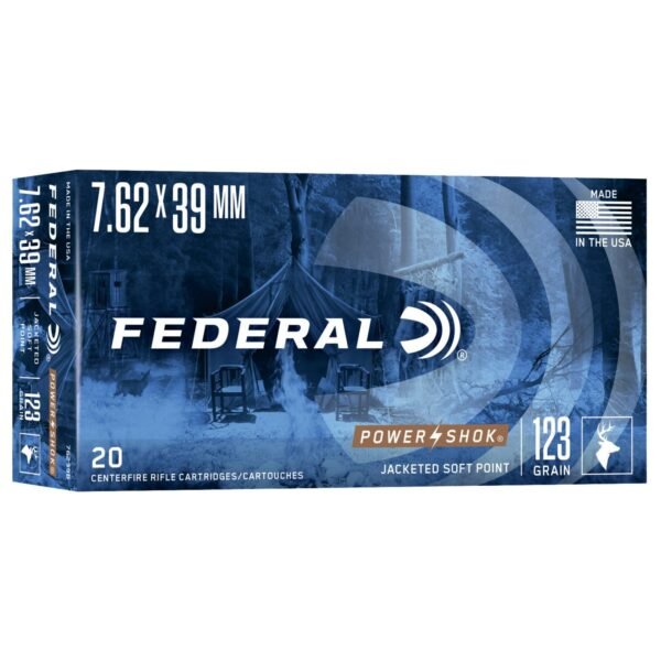 Box of federal power-shok ammo, 7. 62x39mm, blue packaging with campfire and tent design, 123 grain jacketed soft point, labeled "made in the usa. "