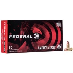 Federal american eagle ammunition box with red and black design featuring an eagle graphic, labeled 50 centerfire pistol cartridges, alongside two brass and copper bullets, made in the usa.