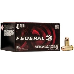 Federal american eagle. 45 auto ammunition box with red and black design, featuring an eagle graphic, alongside two copper-colored bullets.