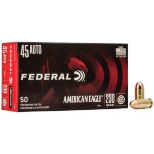 Box of federal american eagle 45 auto ammo with two brass cartridges, red and black design featuring an eagle, labeled 230 grain, casey iowa.