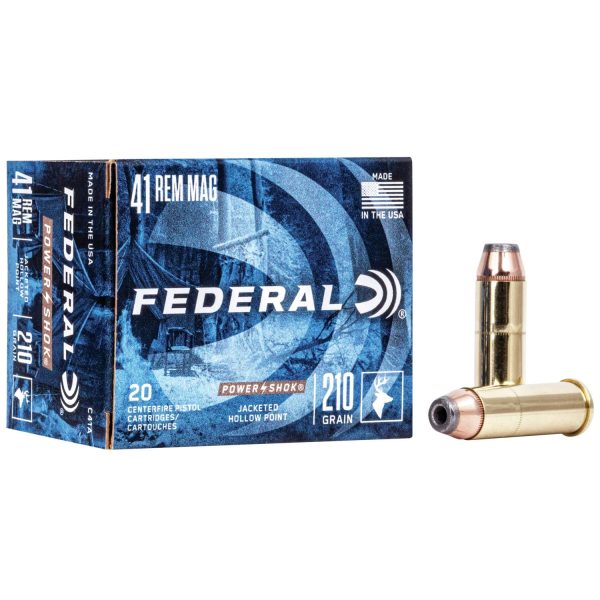 Federal. 41 rem mag 210 grain ammunition in a blue box with two brass and copper jacketed hollow point bullets displayed.
