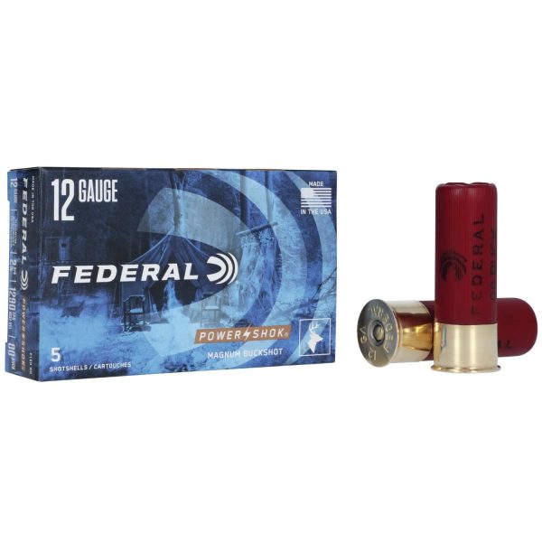 Federal power-shok 12 gauge ammunition box in blue with two red shotgun shells beside it.