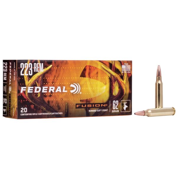 Federal fusion. 223 rem 62 grain ammunition box with two rifle cartridges; yellow and orange packaging featuring antler design.
