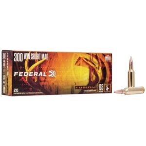 Federal 300 win short mag ammunition box with orange and yellow design, featuring two cartridges next to it, labeled as fusion 165 grain.