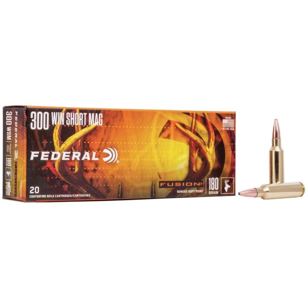 Federal fusion 300 win short mag ammo box with deer antler design in orange and yellow hues, showing 20 centerfire rifle cartridges, 180 grain, with two bullets displayed upright.