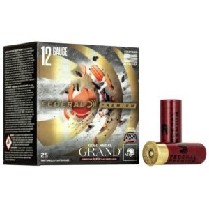 Box of federal premium gold medal grand 12-gauge shotshells with two red shotgun shells displayed, featuring a dynamic clay target design.