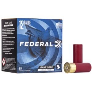 Federal 12-gauge ammunition box in blue featuring game birds with two red shotgun shells beside it.