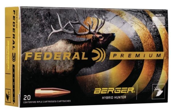 Box of federal premium berger hybrid hunter rifle cartridges with an image of an elk, featuring black, gold, and beige colors.