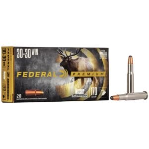 Federal premium 30-30 winchester nosler partition 170 grain ammo box with a majestic elk graphic, featuring two silver-colored rifle cartridges with copper-colored tips standing upright.