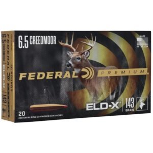 Box of federal premium 6. 5 creedmoor eld-x 143 grain ammunition featuring a deer image on a black and gold background.