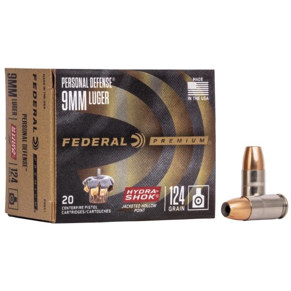 Federal premium 9mm luger 124 grain hydra-shok ammunition box with two bullets, featuring gold and black packaging design.