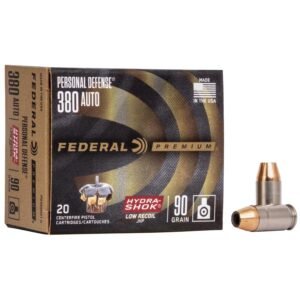 Box of federal premium hydra-shok. 380 auto ammo, 90 grain, featuring silver and copper-colored bullets, with a tan and black design.