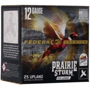 Alt text: "federal premium prairie storm 12 gauge 25 upland shotshells box, showcasing detailed artwork of a pheasant in flight against a nature backdrop. Text includes 'fs lead' and 'assembled in the usa. '"