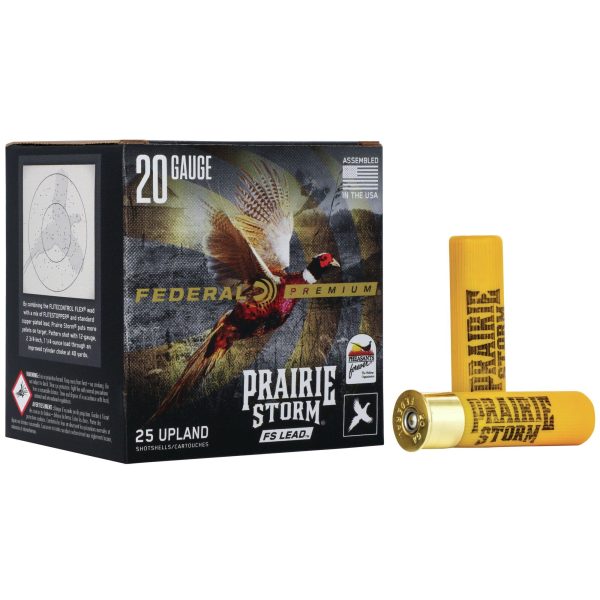 Federal premium prairie storm 20-gauge shotgun shells in yellow casing next to their black and yellow packaging, featuring a pheasant image and labeled for upland use.