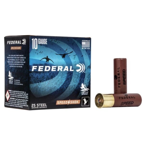 Alt text: federal 10 gauge speed-shok ammunition box with blue and black design, featuring silhouettes of ducks, and two brown shotgun shells with gold bases.