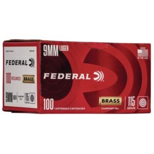 Red and white box of federal 9mm luger ammunition; labeled 100 rounds, brass, 115 grain, champion fmj; made in the usa.