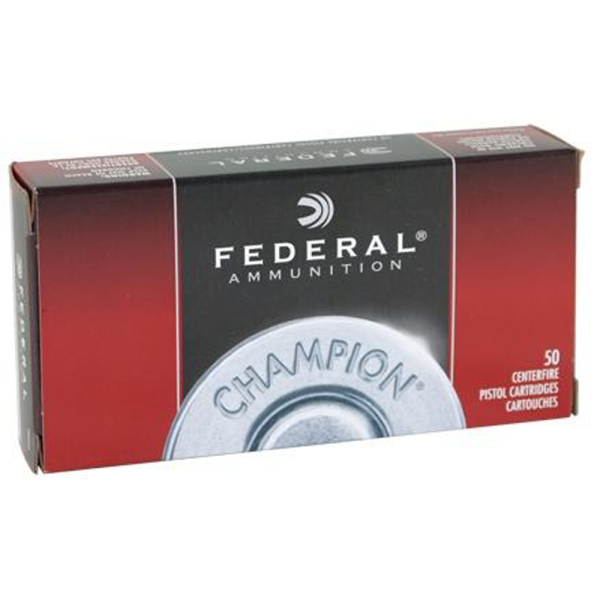 Box of federal ammunition with red and black design, labeled "champion" and "50 centerfire pistol cartridges. "