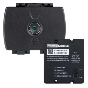 Alt text: Black Moultrie Mobile device with a green indicator and QR code, featuring control buttons and instructions for connection status.