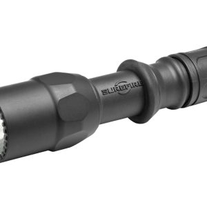Black SureFire flashlight with textured grip and smooth cylindrical body, featuring a glass lens at the front.