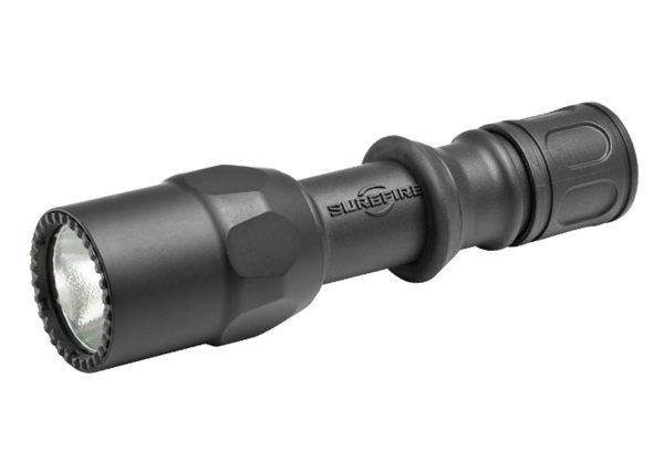 Black surefire flashlight with textured grip and smooth cylindrical body, featuring a glass lens at the front.