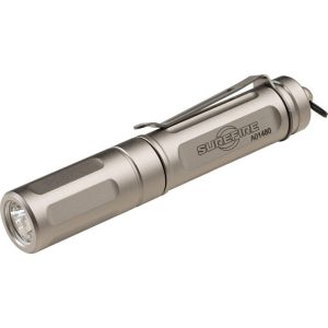 Silver SureFire flashlight with a clip, model A01480.