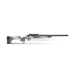 Silver and black rifle with a textured stock and long barrel, isolated on a white background.