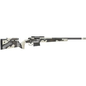 Camouflage sniper rifle with a long carbon fiber barrel, black and white pattern stock, and adjustable cheek rest. Suitable for firearms and hunting enthusiasts in iowa, specifically casey iowa.