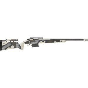 Rifle with a black, white, and gray camouflage pattern on the stock and barrel, featuring a precision design and detachable magazine.