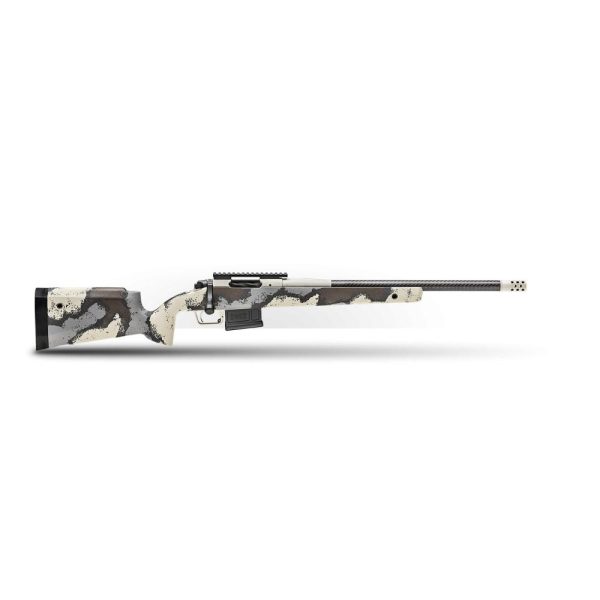 Camouflage-patterned precision rifle with a long barrel and sleek stock design.