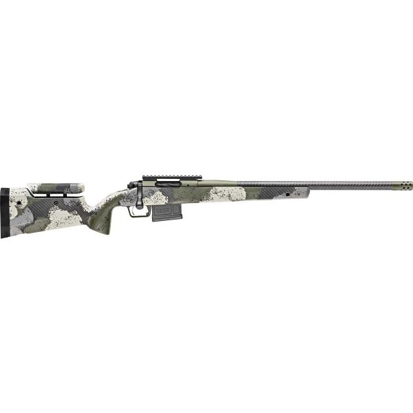 Rifle with a green, beige, and black camouflage pattern, featuring a long barrel and a bolt-action mechanism.