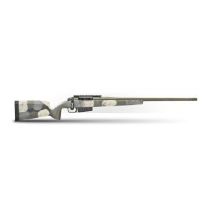 Camouflage-patterned rifle with a long barrel, featuring shades of olive green, beige, and gray.