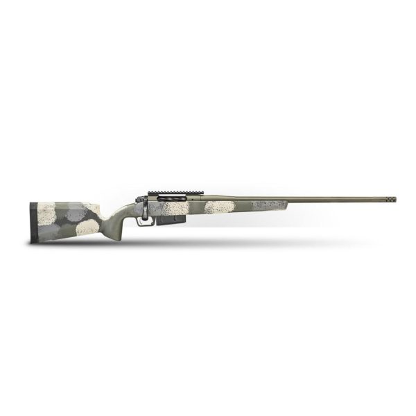 Camouflage-patterned rifle with a long barrel, featuring shades of olive green, beige, and gray.