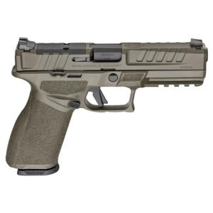 Olive green and black handgun, springfield armory, shown in profile.