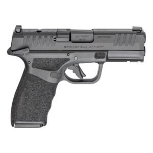 Black springfield armory handgun with textured grip and engraved details, 9x19 caliber, displayed on a white background.