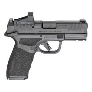 Black springfield armory handgun with textured grip and smsc sight, showcasing firearm details.