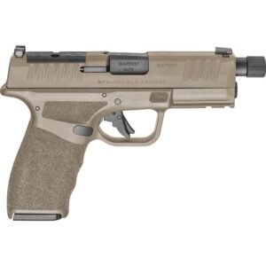 Tan springfield armory 9mm pistol with textured grip and threaded barrel.