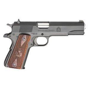 Gray springfield armory handgun with wooden grip detailing.