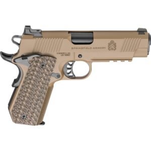 Tan springfield armory handgun with detailed grip pattern.