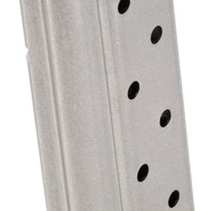 Silver firearm magazine with black bullet indicator holes, standing upright.
