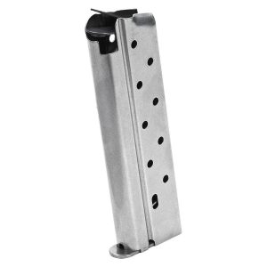 Silver firearm magazine with visible bullet capacity holes.