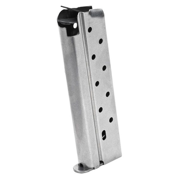 Silver firearm magazine with visible bullet capacity holes.