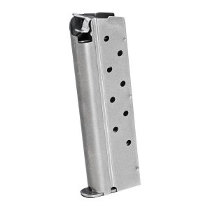 Silver pistol magazine with black holes for ammunition.