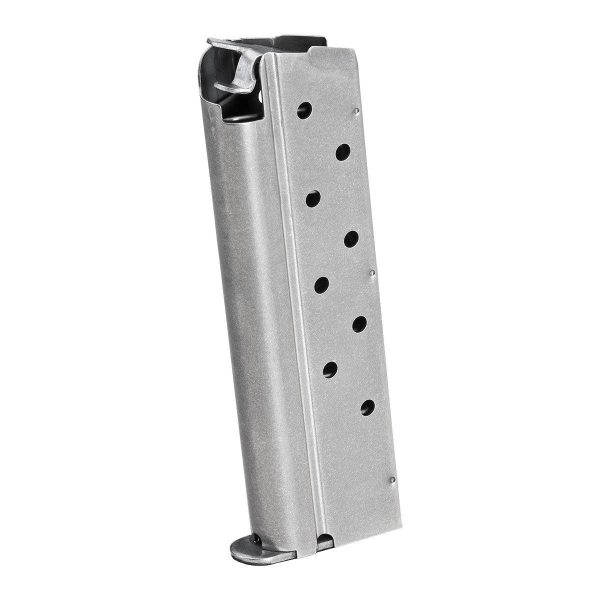 Silver pistol magazine with black holes for ammunition.
