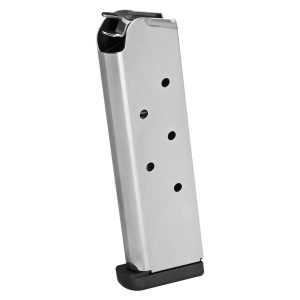 Silver metallic gun magazine with black baseplate on a white background.