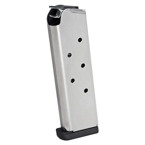 Silver metallic gun magazine with black baseplate on a white background.