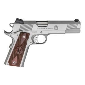 Stainless steel springfield armory handgun with brown textured wooden grips.