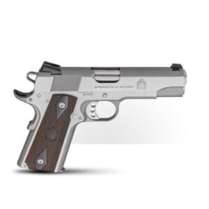 Stainless steel springfield armory handgun with textured brown grip and silver accents, close-up view on a plain background.