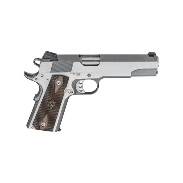 Silver and black handgun with textured brown grip, featuring detailed metal and trigger components.
